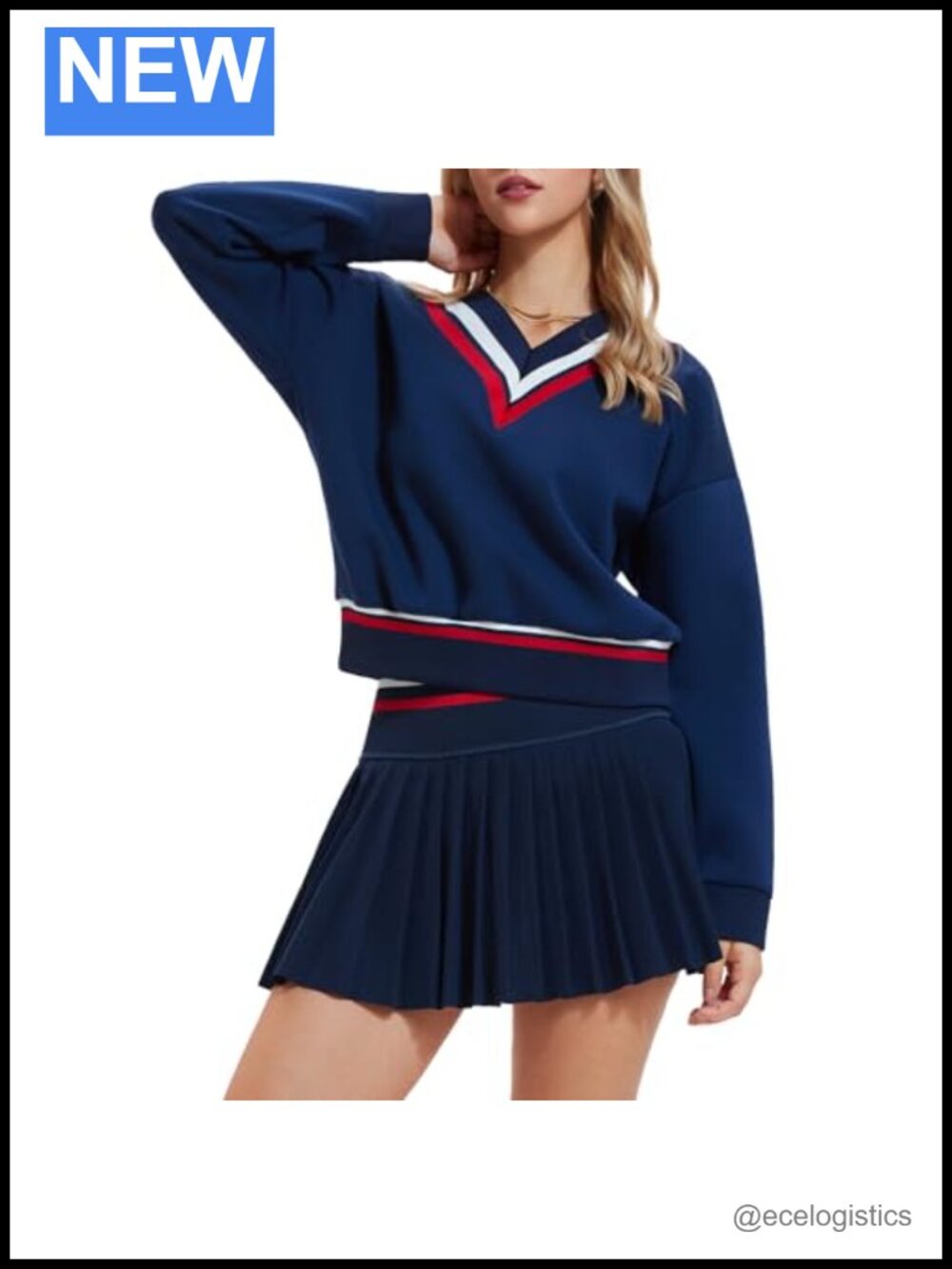 Womens 2 Piece Sweatsuit Set V Neck Color Block Top & Pleated Skirt with